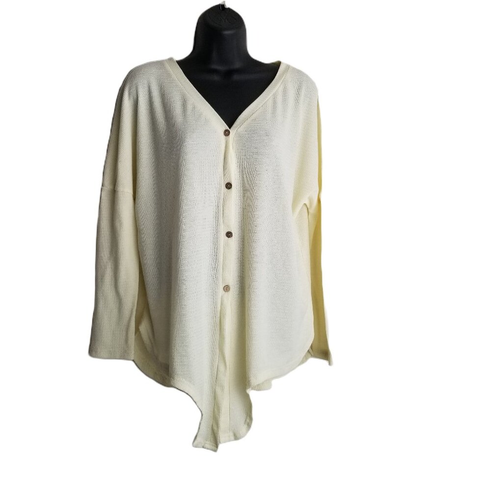 Cream Waffle Knit Button Front Top Women's M Tie Front Long Sleeve High Low Hem